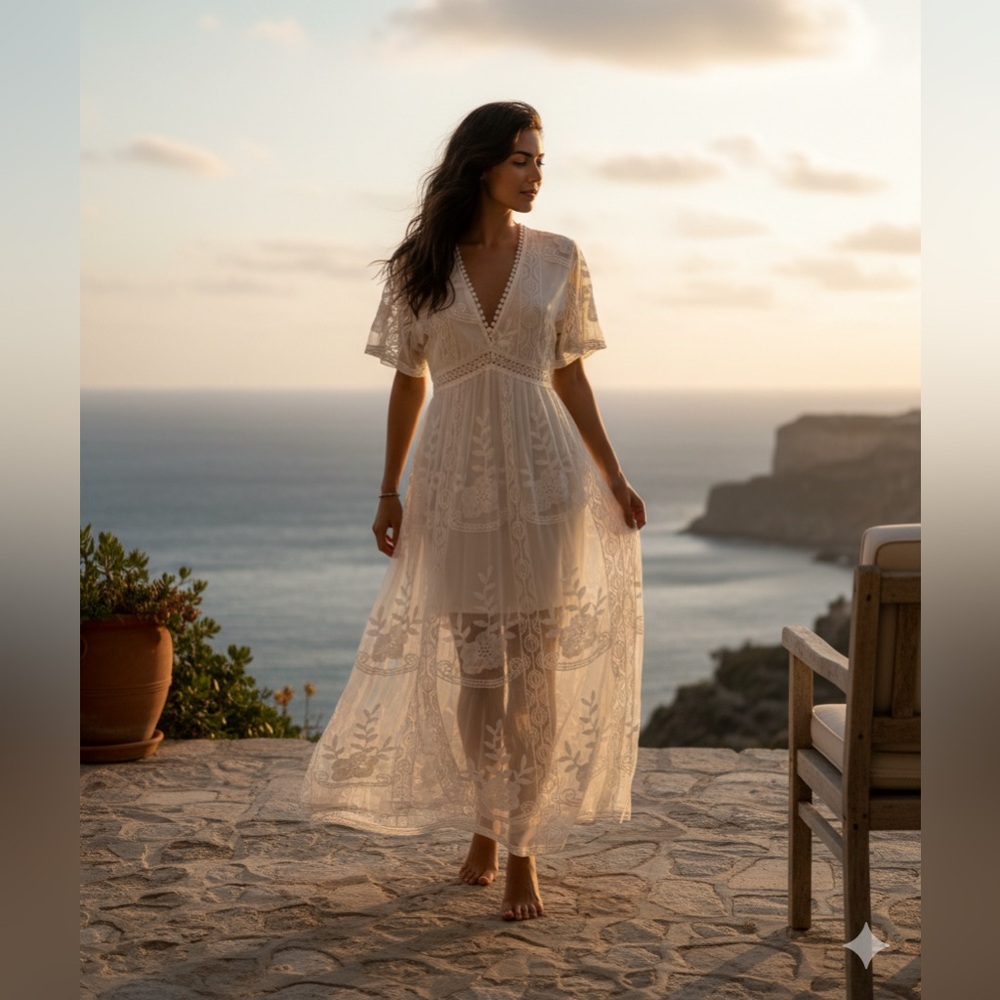 ELEGANT IVORY LACE EMBROIDERED DRESS
No Brand  size L
